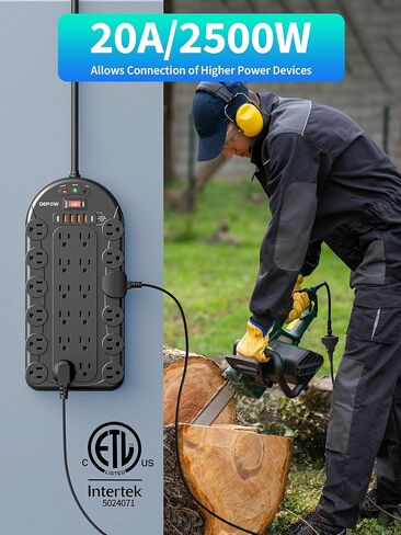 20Amp Heavy Duty Power Strip Surge Protector, ETL Listed, T-Slot 20A Outlet((Vertical Plug)，6.5 FT 12 Gauge Extension Cord with 24 AC Outlets(2500W) 6 USB Ports (2 USB C) for Industrial Garage in Saudi Arabia