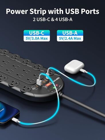 20Amp Heavy Duty Power Strip Surge Protector, ETL Listed, T-Slot 20A Outlet((Vertical Plug)，6.5 FT 12 Gauge Extension Cord with 24 AC Outlets(2500W) 6 USB Ports (2 USB C) for Industrial Garage in Saudi Arabia