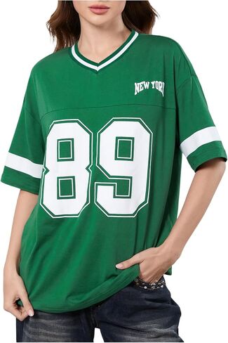 Milumia Women's Letter Graphic Jersey Shirts Oversized V Neck Half Sleeve Tshirt Tops Streetwear in Saudi Arabia