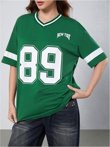 Milumia Women's Letter Graphic Jersey Shirts Oversized V Neck Half Sleeve Tshirt Tops Streetwear in Saudi Arabia