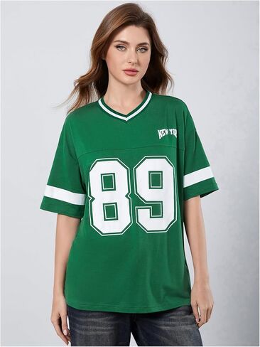 Milumia Women's Letter Graphic Jersey Shirts Oversized V Neck Half Sleeve Tshirt Tops Streetwear in Saudi Arabia
