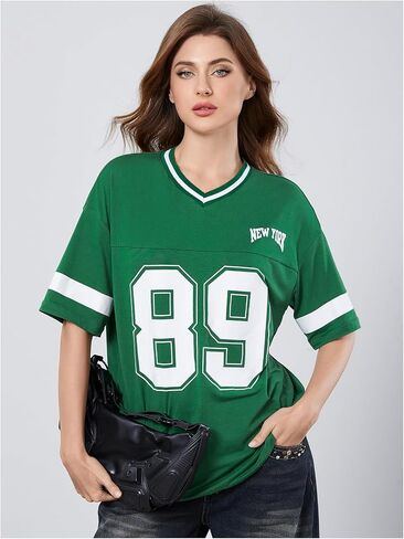 Milumia Women's Letter Graphic Jersey Shirts Oversized V Neck Half Sleeve Tshirt Tops Streetwear in Saudi Arabia