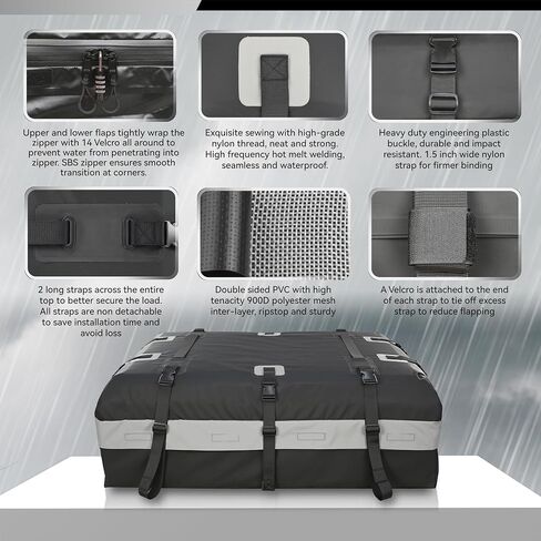 MARCHWAY Waterproof Car Roof Luggage Bag, Weatherproof Soft Shell Rooftop Cargo Carrier Bag for Vehicles with or Without Rack. 6 Door Hooks, Anti Slip Mat, Lock Included (15 Cubic Feet, Black) in Kuwait