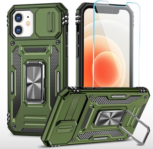 SunStory iPhone 12/12 Pro Case with HD Screen Protector & Slide Camera Cover & Rotated Ring Kickstand, Military-Grade, Red in Kuwait