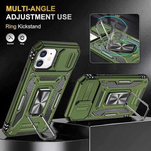 SunStory iPhone 12/12 Pro Case with HD Screen Protector & Slide Camera Cover & Rotated Ring Kickstand, Military-Grade, Red in Kuwait