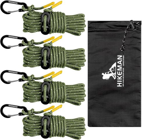 HIKEMAN Reflective Tent Rope Guyline - 4M Camping Guide Ropes,4mm Tent Guy Ropes Cord with Aluminum Tensioners Adjuster for Outdoor Camping Hiking Caravan Awning Tents (Army Green, 4mm) in Saudi Arabia
