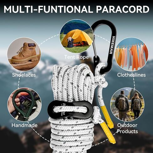 HIKEMAN Reflective Tent Rope Guyline - 4M Camping Guide Ropes,3mm Tent Guy Ropes Cord with Aluminum Tensioners Adjuster for Outdoor Camping Hiking Caravan Awning Tents (White, 3mm) in Kuwait
