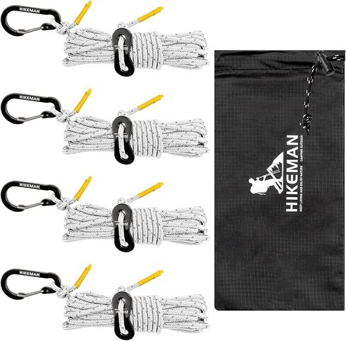 HIKEMAN Reflective Tent Rope Guyline - 4M Camping Guide Ropes,3mm Tent Guy Ropes Cord with Aluminum Tensioners Adjuster for Outdoor Camping Hiking Caravan Awning Tents (White, 3mm) in Kuwait