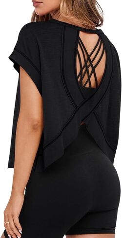 MIHOLL Womens Oversized Workout Crop Tops Open Back Casual Short Sleeve Crew Neck Cotton Loose Boxy Tshirts in Kuwait