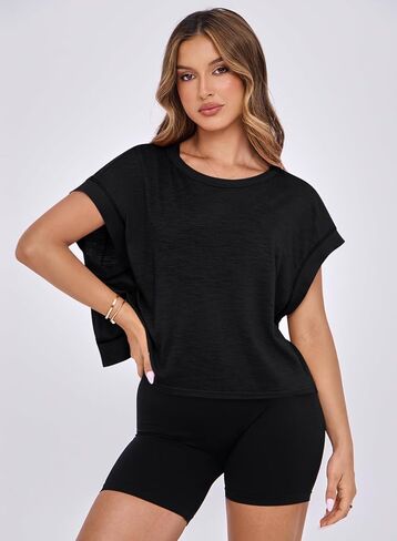 MIHOLL Womens Oversized Workout Crop Tops Open Back Casual Short Sleeve Crew Neck Cotton Loose Boxy Tshirts in Kuwait