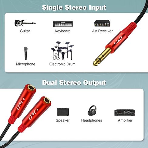J&D 1/4 Inch TRS Stereo Splitter Y Cable, 6.35 mm Male to Dual 6.35 mm Female Jacks, Quarter Inch Audio Splitter Cord, Gold Plated Connectors, Durable PVC & Copper Construction, Red, 1.6 feet in Saudi Arabia