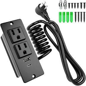 Drawer Outlet Kit, Recessed Drawer Socket with 4 Power Outlets, Clutter-Free Power Strip, 2 12 Amp AC Ports, USB-A, USB-C, 6.9FT Spring Power Cord, UL Listed