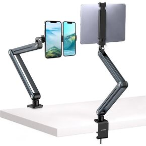 Aluminum Tablet Stand Holder - 360° Adjustable & Foldable Phone iPad Holder for Desk Mount, Dual-Device Desk Clamp for iPad Pro/Air/Mini, Samsung Galaxy Tab, Kindle, Switch & Phones 4-13"