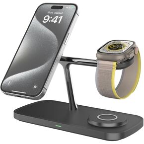 Qi2 15W 3-in-1 Magnetic Wireless Charging Station for iPhone 16/15/14/13/12,Charger Stand for Apple Watch &Samsung Galaxy Watch, for AirPods Charging