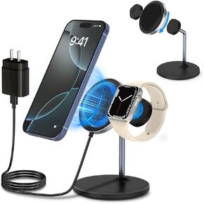 2 in 1 Magnetic Wireless Charger for iPhone, 15W Fast Charging Station for Apple Devices, Detachable Wireless Charger Stand for iPhone 16/15/14/13/12 Series & Apple Watch (PD 25W Adapter Included)