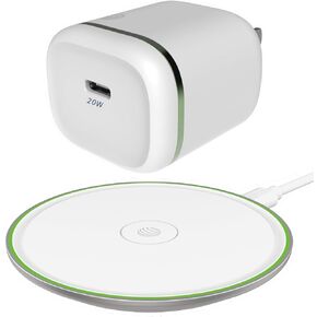 AT&T Single Port 20W USB-C Fast Charging Power Adapter Bundle, with a 15W Premium Wireless Charging Pad for Apple iPhone, Google Pixel, Samsung Galaxy (White)