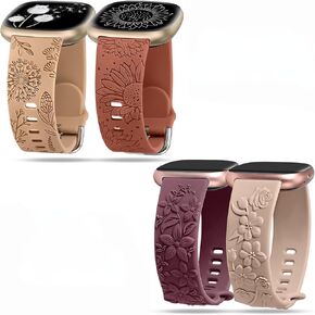 Minyee 2 Packs Compatible with Fitbit Versa 4/Versa 3/Sense 2/Sense Band Women, Engraved Dandelion Sunflower Sport Design Band & Embossed Silicone Wildflower Rose Design Strap for Versa 4