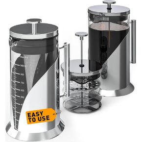 Cafe Du Chateau French Press & Cold Brew Coffee Maker - Air Tight Seal, Measuring Label, Stainless Steel Construction - Perfect for Your Daily Brew - Iced Coffee & Tea Maker