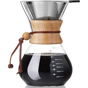 Unbreakable - Pour Over Coffee Maker with Reusable Stainless Steel Filter, Thickened Heat-Resistant Borosilicate Glass, Stovetop Safe, 27oz