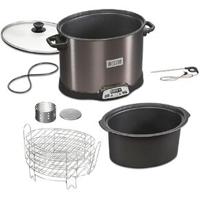 WESTON BRANDS 2-in-1 Indoor Electric Smoker & Programmable Slow Cooker, 6 Quart, With 3-Tier Smoking Rack for Meat, Cheese and More, Dishwasher Safe Crock, Temperature Probe, Black (03-2500-W)