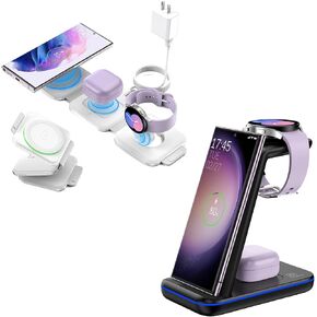 𝗡𝗲𝘄 Two Travel Wireless Charger for Samsung, Fast Android Wireless Charging Station Stand Compatible for Samsung S24/S23 Ultra/S22/S21/Z Flip 4/3 Fold 4/3, for Samsung Galaxy Watch7 Pro/Buds Pro