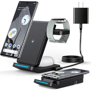 Foldable Wireless Charger for Google Pixel Watch 3/2, 3 in 1 Fast Charging Station Stand for Pixel 9 Pro/XL/9a/9/8 Pro/8a/8/7/Pro/7/6/Pro and Pixel Buds Pro 2(Not for Pixel Watch 1st) with QC Adapter