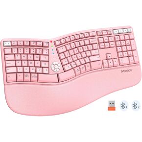 MEETION New Ergonomic Keyboard, Wireless/Bluetooth Split Keyboard Cushioned Wrist Rest, Curved for Natural Typing, Full Size Rechargeable with USB-C Adapter Pink