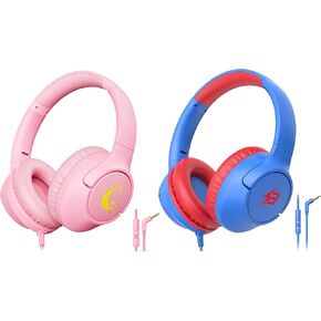 [Pink + Blue] Kids Headphones for School Travel, 85/94dB Volume Litmit, HD Mic Stereo Sound Over-Ear Toddler Girls Boys Headphones for Kid, Foldable 3.5mm Wired Kids Headphones for Tablet Computer