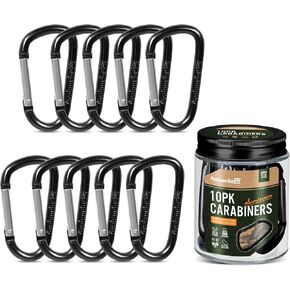 Avalanche 10 Pack 3" Carabiner Clip - Durable Aluminum D-Style Design for Camping Accessories, Keychain Clip - Heavy Duty 25 lbs. Capacity Multipurpose Carabiner Clips, Medium Size, Black