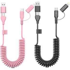2 Pack Coiled USB-C and Lightning Cable 2-in-1, 3FT iPhone 15 16 Car Charger Cord, 60W Fast Charging Cable for iPhone 16/15, Samsung Galaxy Supports Apple CarPlay & Android Auto (Pink+Black)