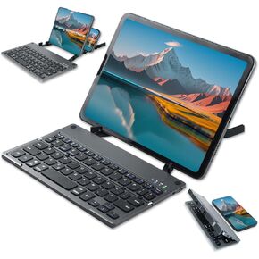 لوحة مفاتيح قابلة للطي مع حامل عالمي ، لوحة مفاتيح Bluetooth لـ iPhone لـ iPad لنظام التشغيل Mac لنظام التشغيل Android لنظام التشغيل iOS ، حامل لأي علامة تجارية أي هاتف وطي شاشة قابلة للطي (Silver)