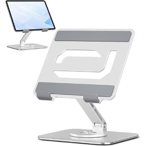 Tablet Stand Holder with 360°Rotating Base - Adjustable Aluminum Desktop Stand for iPad Holder for Desk Compatible with 4-13" Tablets, Silver