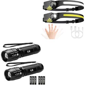 Lepro Bundle - LED Flashlights High Lumens, Zoomable, Waterproof, Adjustable Brightness Flash Light 2 Pack & PR320019-2 Super Bright Head lamp with Motion Sensor, 230° Wide Beam & Adjustable