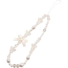 White Cute Phone Charm Lanyard - Pearl Beaded Bow Wrist Strap with Anti-Lost Keyring Chain | Decorative Pendant for Cell Phones, Cameras and Wallet Accessories