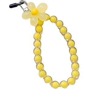 Yellow Mobile Phone Strap Beaded Flower Bracelet Creative Hanging Rope Keychain Mobile Phone Lanyard Beaded Flower Anti-Lost Phone Case Lanyard Wrist Strap Cell Phone Charms Accessories, Car Keychain