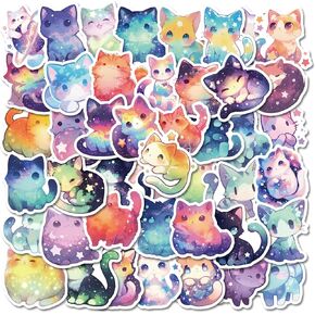 50Pcs Kawaii Cat Stickers Pack, Anime Starry Sky Cats Decals for Laptop, Kindle, Luggage, Journal, Scrapbook, Skateboard, Water Bottle, Bumper, Waterproof Vinyl Aesthetic Stickers