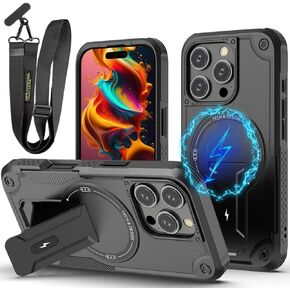 Magnetic for iPhone 16 Pro Case with Crossbody Lanyard Strap, [Compatible with Magsafe] [Built-in Invisible Stand] Military Grade Shockproof Cover for iPhone 16 Pro 6.3-inch DJ Black