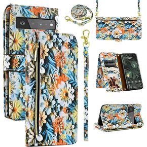 Wallet Case for Google Pixel 9/9 Pro 5G with Detachable Wrist Strap Shoulder Strap, 9+ Card Slots Zipper Floral Leather Stand Card Holder Cell Phone Cover for Pixel9 9Pro Nine Women Men Black