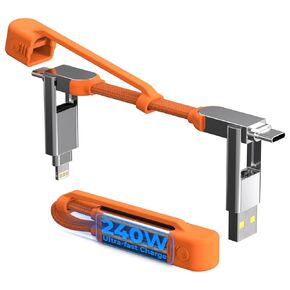 Rolling Square inCharge XS - 240W 4in1 Keyring Cable | Fast Charging & Data Transfer | Universal USB C/Lightning/USB Cable with Metal Housing | N52 Magnets | Eco-Friendly | Orange