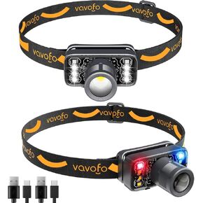 VAVOFO 2-Pack LED Headlamp Flashlight, 500 Lumen Rechargeable Waterproof Outdoor Headlight with Bright White +Red Light, Stepless Dimming, Lightweight, Adjustable Headband, 5 Modes for Camping