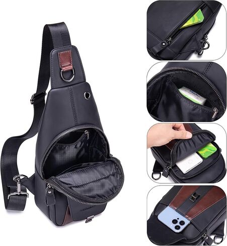 LUKZIJAES Genuine Leather Sling Bag for Women and Men Vintage Shoulder Chest Pack Mens Cross body Sling Bags Hiking Daypacks Crossbody Travel Backpack (#2-Black) in Kuwait