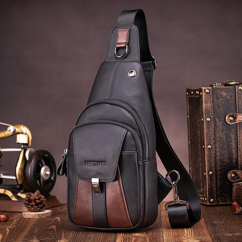 LUKZIJAES Genuine Leather Sling Bag for Women and Men Vintage Shoulder Chest Pack Mens Cross body Sling Bags Hiking Daypacks Crossbody Travel Backpack (#2-Black) in Kuwait