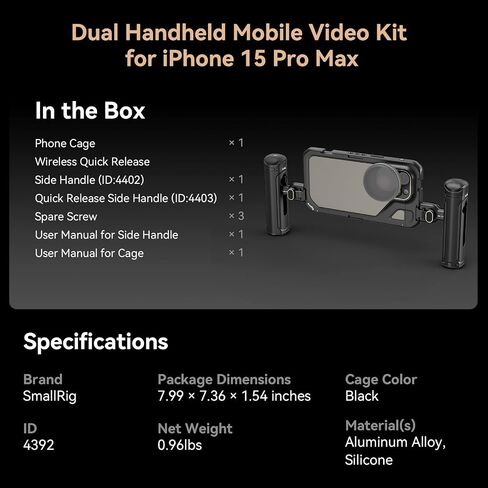 طقم قفص هاتف صغير ميدان للهاتف الخاص بـ iPhone 15 Pro Max ، طقم قفص الفيديو المحمول مع مقابض مزدوجة لإصدار سريع لاسلكي لتسجيل الفيديو/YouTube/Live Streaming/Vlog in Kuwait