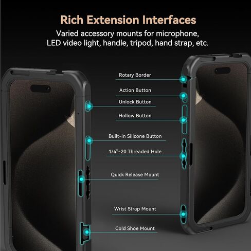 طقم قفص هاتف صغير ميدان للهاتف الخاص بـ iPhone 15 Pro Max ، طقم قفص الفيديو المحمول مع مقابض مزدوجة لإصدار سريع لاسلكي لتسجيل الفيديو/YouTube/Live Streaming/Vlog in Kuwait