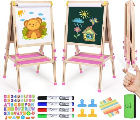 Joyooss Art Easel for Kids with Double-Sided Magnetic, Wooden Standing Kids Easel with Dry Erase Whiteboard & Chalkboard, Height Adjustable Children Easel with Paper Roll, Bonus Toddler Art Supplies in Saudi Arabia