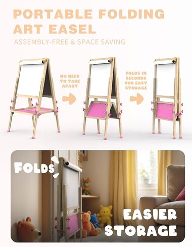Joyooss Art Easel for Kids with Double-Sided Magnetic, Wooden Standing Kids Easel with Dry Erase Whiteboard & Chalkboard, Height Adjustable Children Easel with Paper Roll, Bonus Toddler Art Supplies in Saudi Arabia