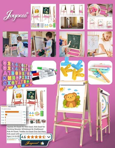 Joyooss Art Easel for Kids with Double-Sided Magnetic, Wooden Standing Kids Easel with Dry Erase Whiteboard & Chalkboard, Height Adjustable Children Easel with Paper Roll, Bonus Toddler Art Supplies in Saudi Arabia