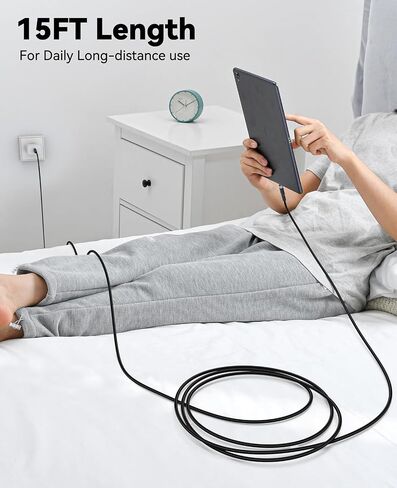 USB C Cable 15ft Fast Charging 23W, Extra Long USB A 2.0 to USB-C Charger Cord 15 foot 480Mbps Data Transfer Type C Black Braided for iPhone 16/15, Galaxy S24/23, Pixel XL/2/3/4XL, LG V30, Nokia in Kuwait