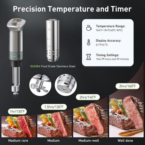 طباخ Sous Vide فائق الهدوء: وصفات LCD ملونة IPX7، طباخ دائري مقاوم للماء، محرك DC بدون فرش، جهاز غمر 1100 واط يتضمن كتاب طبخ Sous Vide من KitchenBoss (G320 فضي) in Kuwait