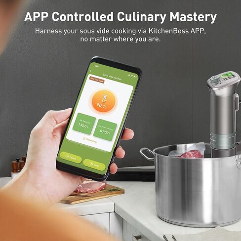 طباخ Sous Vide فائق الهدوء: وصفات LCD ملونة IPX7، طباخ دائري مقاوم للماء، محرك DC بدون فرش، جهاز غمر 1100 واط يتضمن كتاب طبخ Sous Vide من KitchenBoss (G320 فضي) in Kuwait